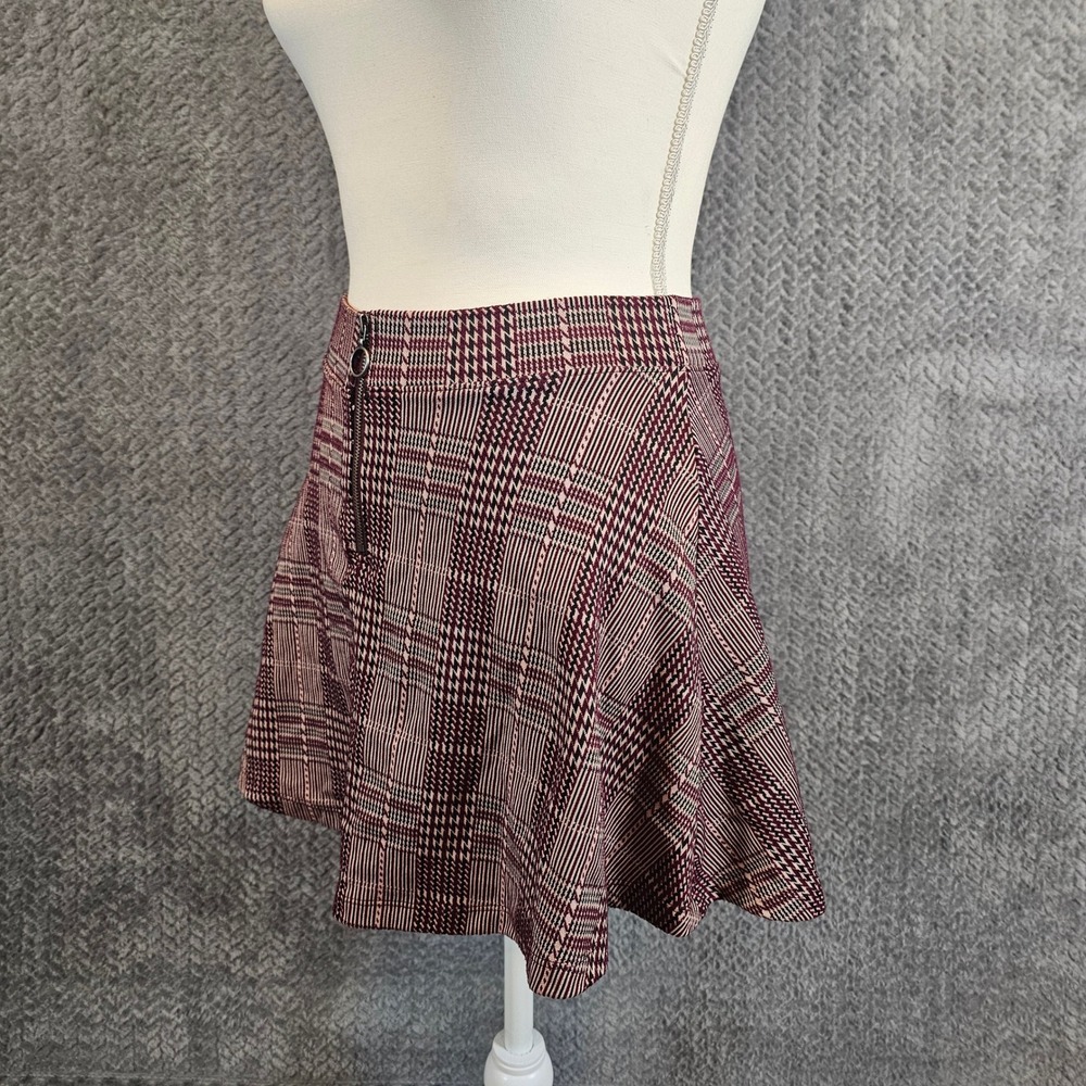 Burgundy Plaid High Waisted A-Line Mini Skirt with Front Ring Zipper Detail